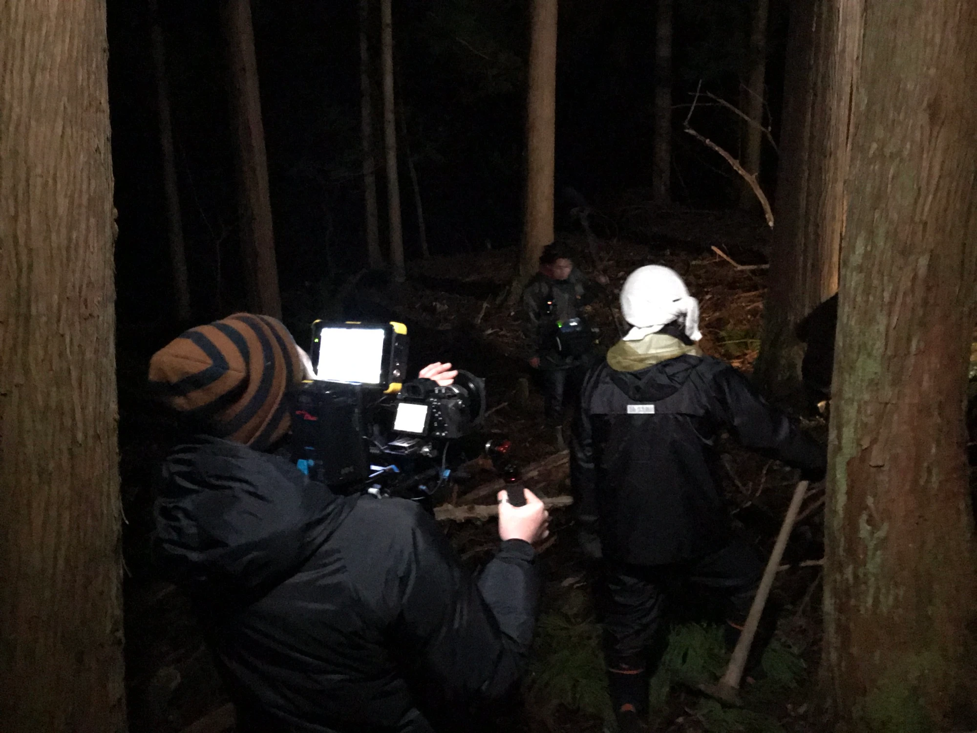 暗い森で照明とカメラを構える映画の撮影スタッフ