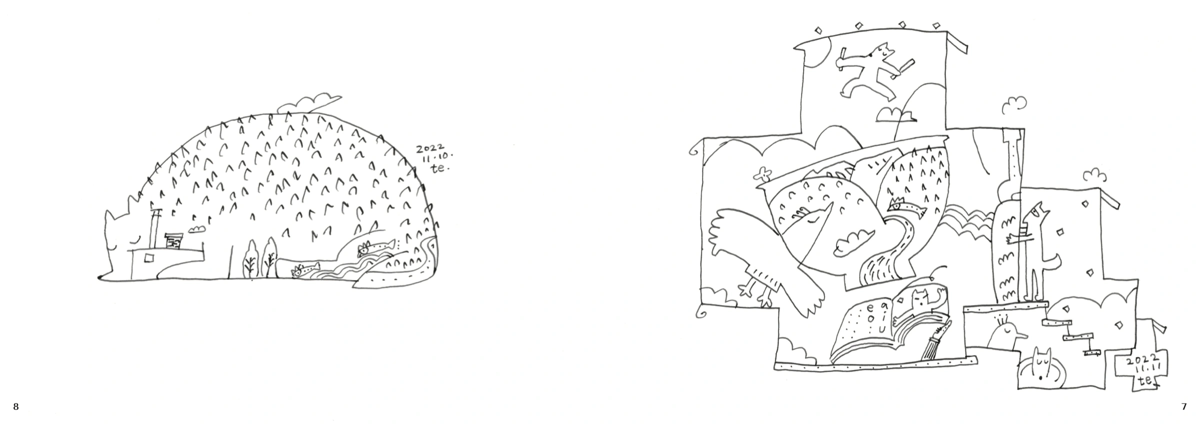 金子典栄の絵集2024の本文見開き。手描きの生き物の絵を左右に配置。