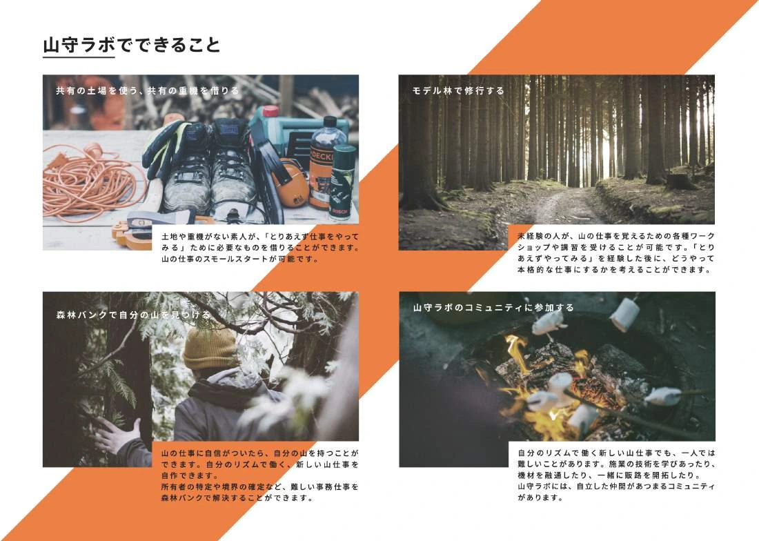 森林や活動の写真を配置したYAMAMORIの案内物